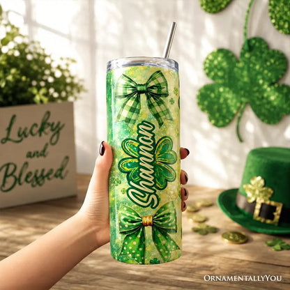 Tumbler 20oz green shamrock bow pattern with lid and stainless straw by OrnamentallyYou on Tampa Home & Garden Store