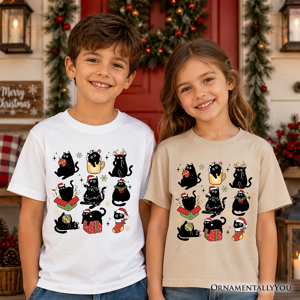 Kids Christmas Black Cat Playful Santa Tee