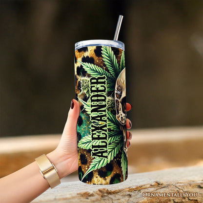 Leopard Skull Weed 20oz Personalized Tumbler With Lid and Stainless Steel Straw, Gothic Cannabis Gift Cup