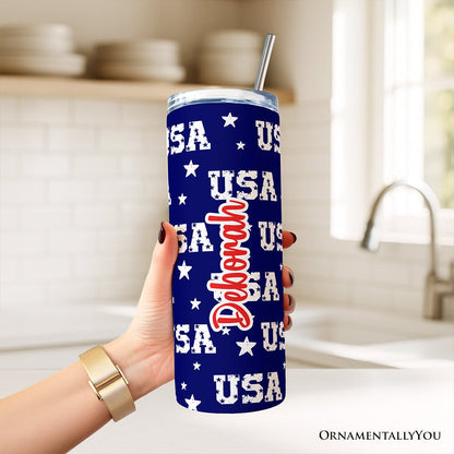 Navy USA Block Letters Pattern 20oz Personalized Tumbler With Lid and Stainless Steel Straw, Vintage Independence Day Patriotic Gift Cup
