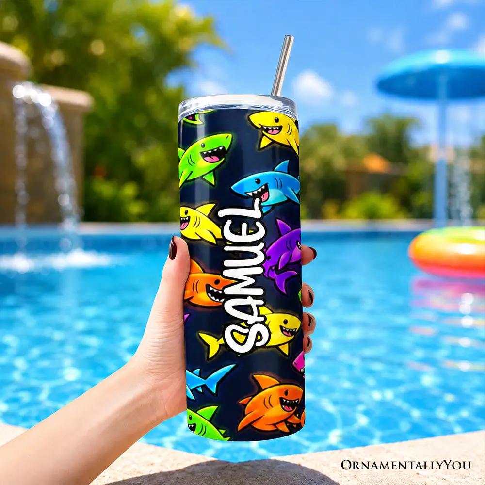 20oz Neon Shark Pattern Tumbler with lid and stainless straw, navy background, neon sharks on Tampa Home & Garden Store