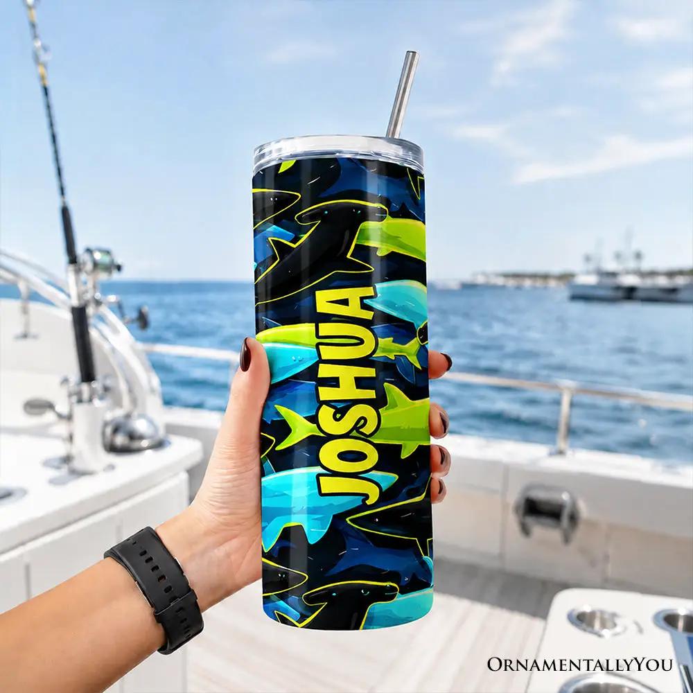 20oz neon shark camo tumbler with lid and stainless straw, personalized name, OrnamentallyYou on Tampa Home & Garden Store