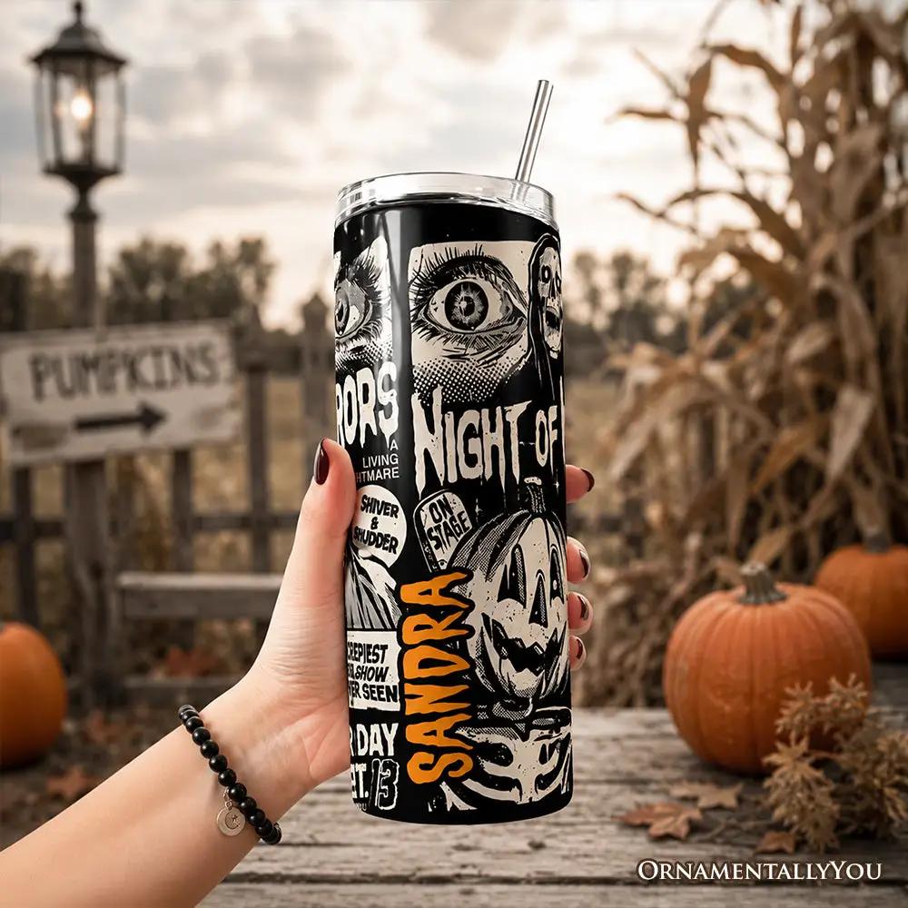 Tumbler 20oz Night of Horrors with lid and stainless straw, retro poster art, OrnamentallyYou on Tampa Home & Garden Store