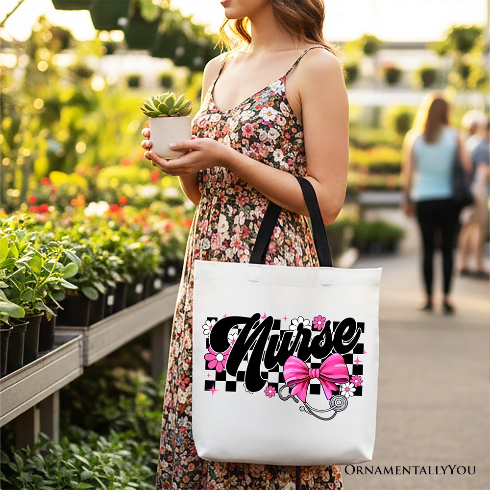 Nurse Floral Pink Bow Canvas Tote and Gifts