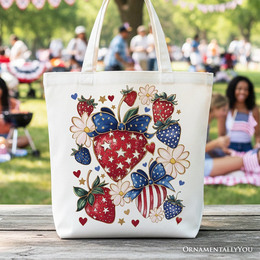 Patriotic Boho Strawberries and Canvas Tote Bag
