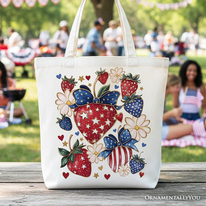 Patriotic Boho Strawberries and Canvas Tote Bag