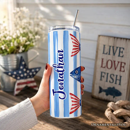 Patriotic 20oz tumbler with lid, straw, personalized name, blue stripes OrnamentallyYou on Tampa Home & Garden Store