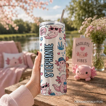 Tumbler Pink 20oz with lid and straw, axolotl pattern, STEPHANIE, OrnamentallyYou on Tampa Home & Garden Store
