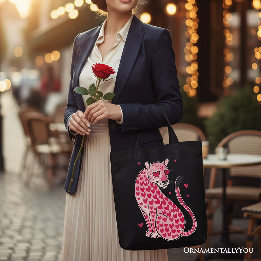Pink Leopard Valentine Canvas Tote Bag, Cute Hearts Reusable Urban Bag