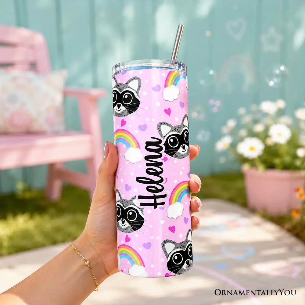 Pink 20oz tumbler with raccoon rainbow pattern, lid, stainless steel straw, OrnamentallyYou on Tampa Home & Garden Store