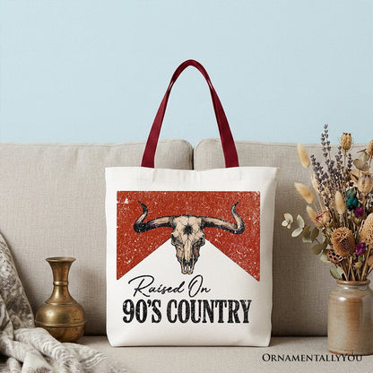 Raised On 90s Country Tote Bag With Bull Skull