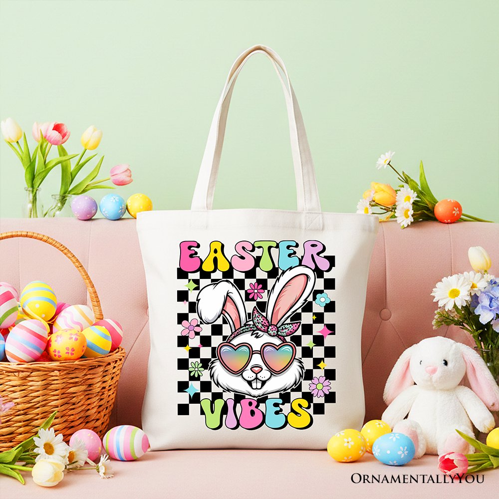 Retro Easter Bunny and Checkered Tote Bag