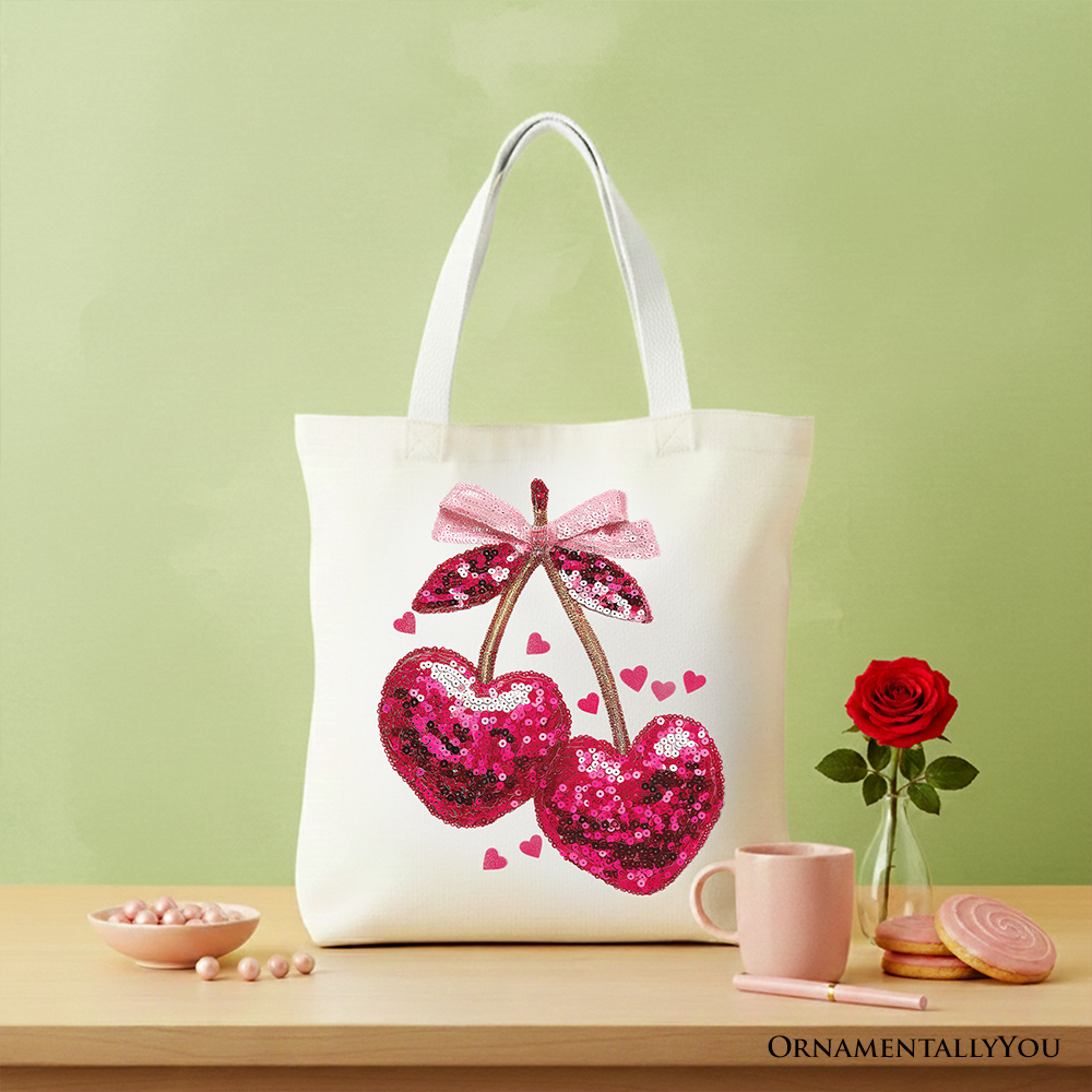Sequin Pink Cherry Heart Canvas Tote Bag, Valentine Coquette Trendy Women Gift