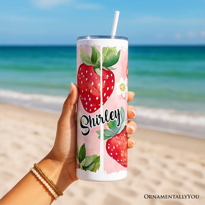 Gobelet isotherme personnalisé de 590 ml (20 oz) à motif fraise, avec couvercle et paille en acier inoxydable, cadeau idéal pour les voyages en été, rose girly.