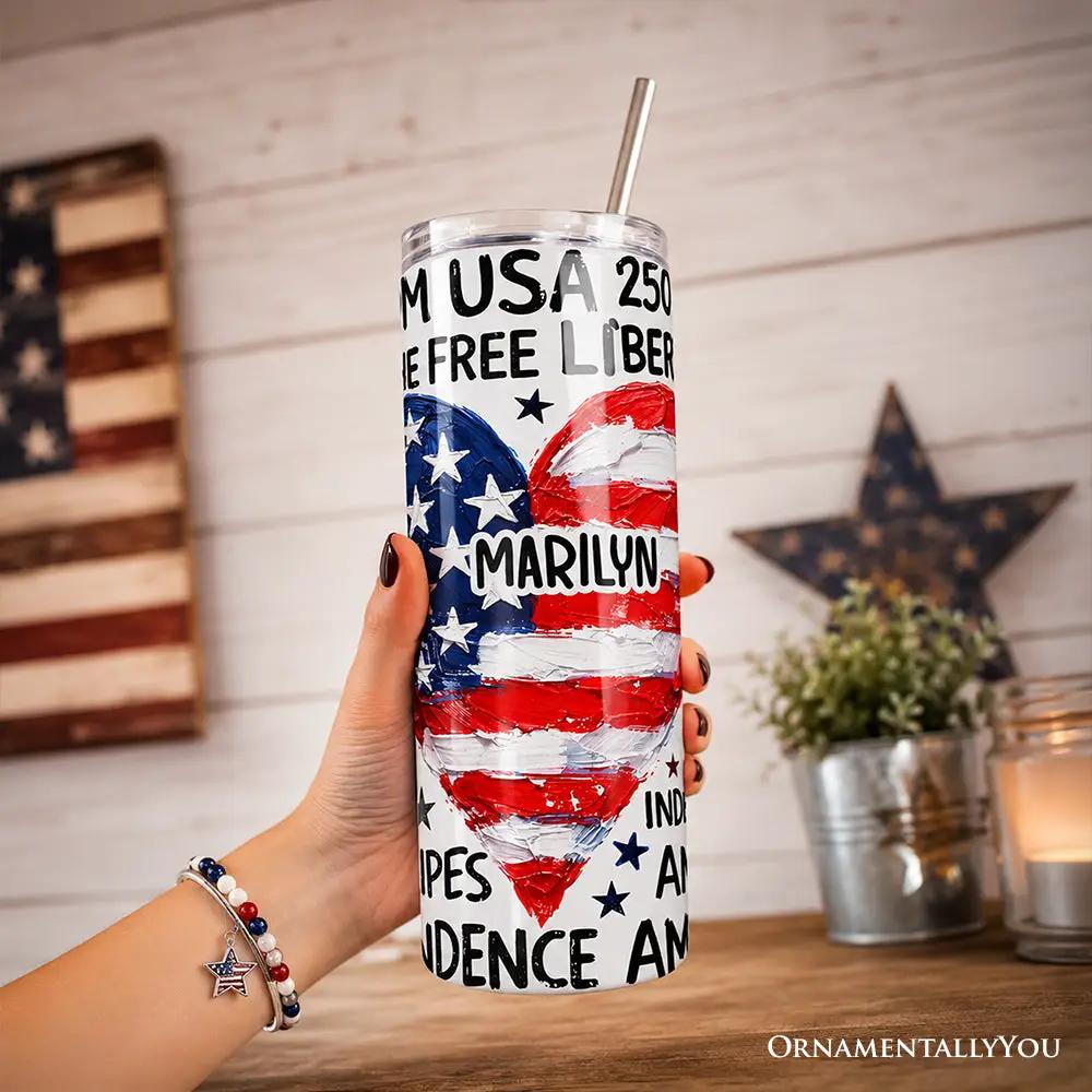 USA 250 Patriotic 20oz Tumbler by OrnamentallyYou with lid and stainless straw, flag heart design on Tampa Home & Garden Store