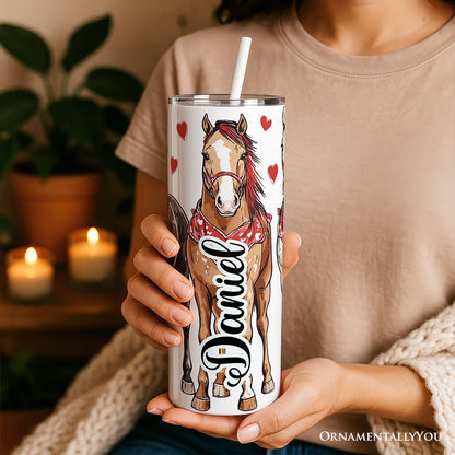 Valentine Horses Western Pattern 20oz Personalized Tumbler With Lid and Stainless Steel Straw, Cute Country Travel Mug Gift