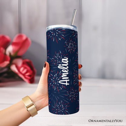 Vintage USA Block Letters 20oz Personalized Tumbler With Lid and Stainless Steel Straw, Patriotic Fireworks for Independence Day Gift Cup