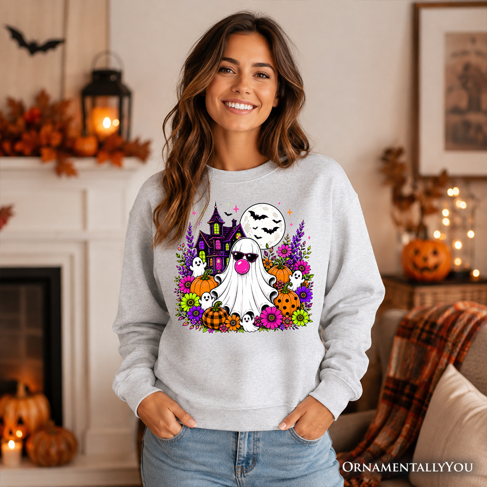 Bubblegum Ghost Haunted House Sweatshirt with pumpkins on gray fabric OrnamentallyYou on Tampa Home & Garden Store