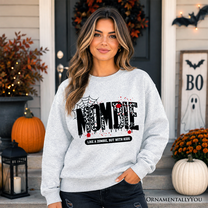 Mombie Like a Zombie Sweatshirt with spiderweb graphic, gray heather, OrnamentallyYou on Tampa Home & Garden Store