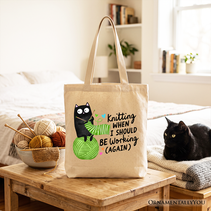Cute Black Cat Knitting Tote Bag for Crafters