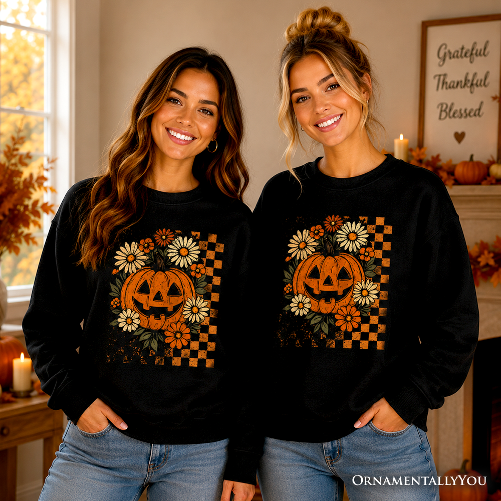 Checkered Floral Pumpkin Sweatshirt For Halloween