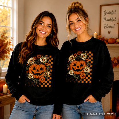 Checkered Floral Pumpkin Sweatshirt For Halloween