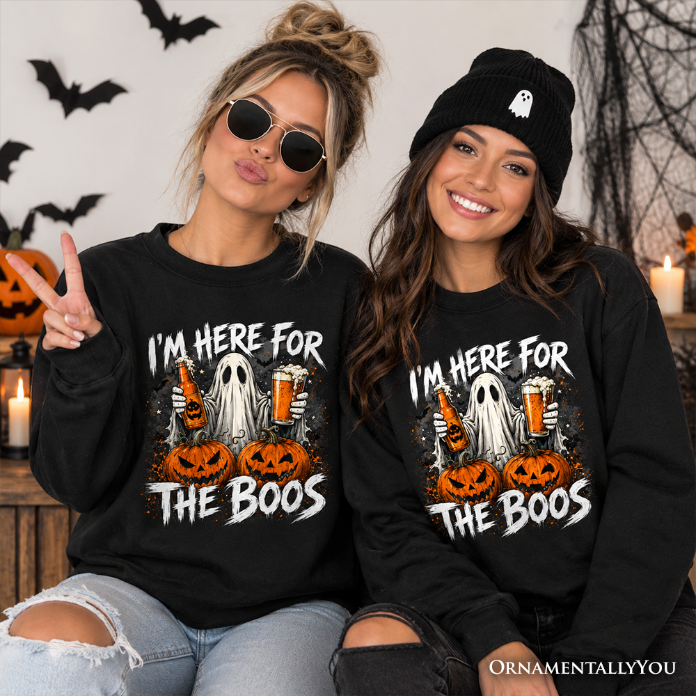 Two black sweatshirts featuring I'm Here for the Boos ghost with pumpkins by OrnamentallyYou on Tampa Home & Garden Store