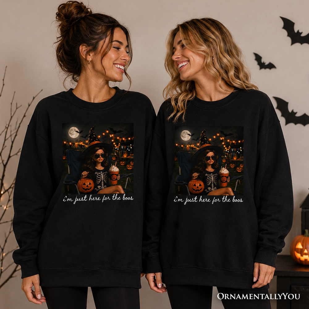 I'm Just Here for the Boos Witch Sweatshirt, black skeleton print, OrnamentallyYou on Tampa Home & Garden Store