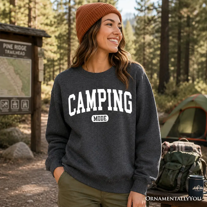 Camping Mode Varsity Sweatshirt in dark heather gray by OrnamentallyYou for camping outdoors on Tampa Home & Garden Store