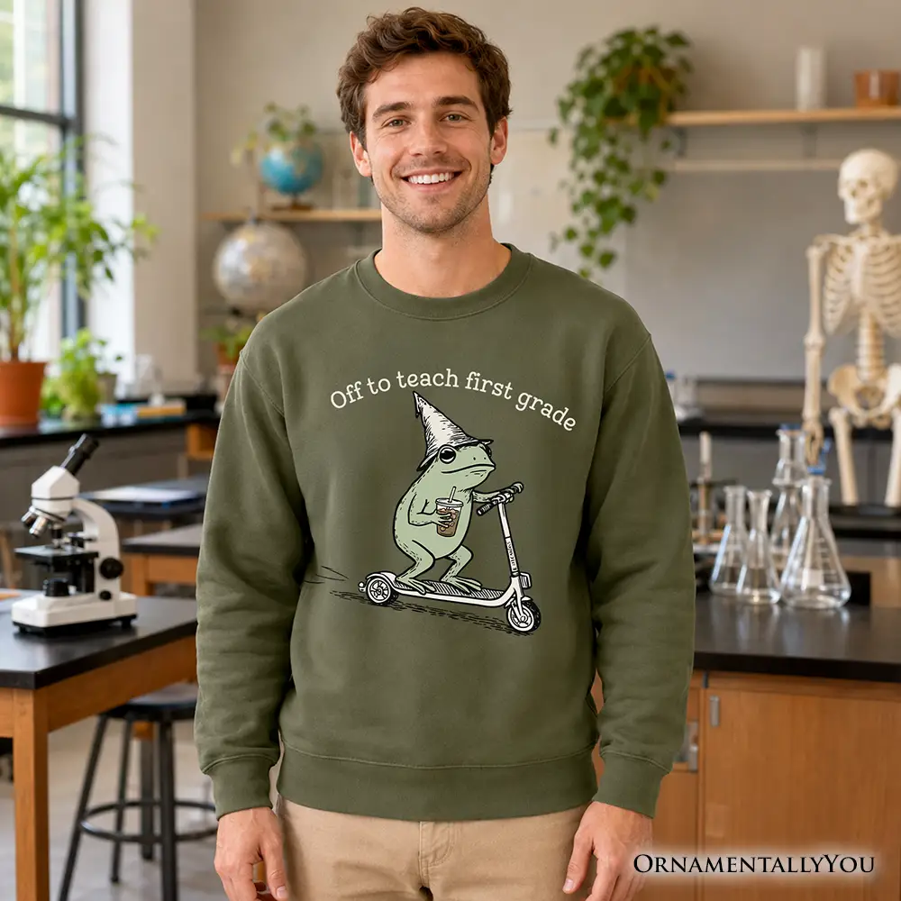 Off to Teach First Grade Frog Sweatshirt olive green with frog on scooter OrnamentallyYou on Tampa Home & Garden Store