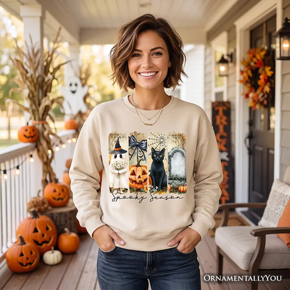 Fall Spooky Season Brushstroke Sweatshirt by OrnamentallyYou beige with ghost and pumpkin panels on Tampa Home & Garden Store
