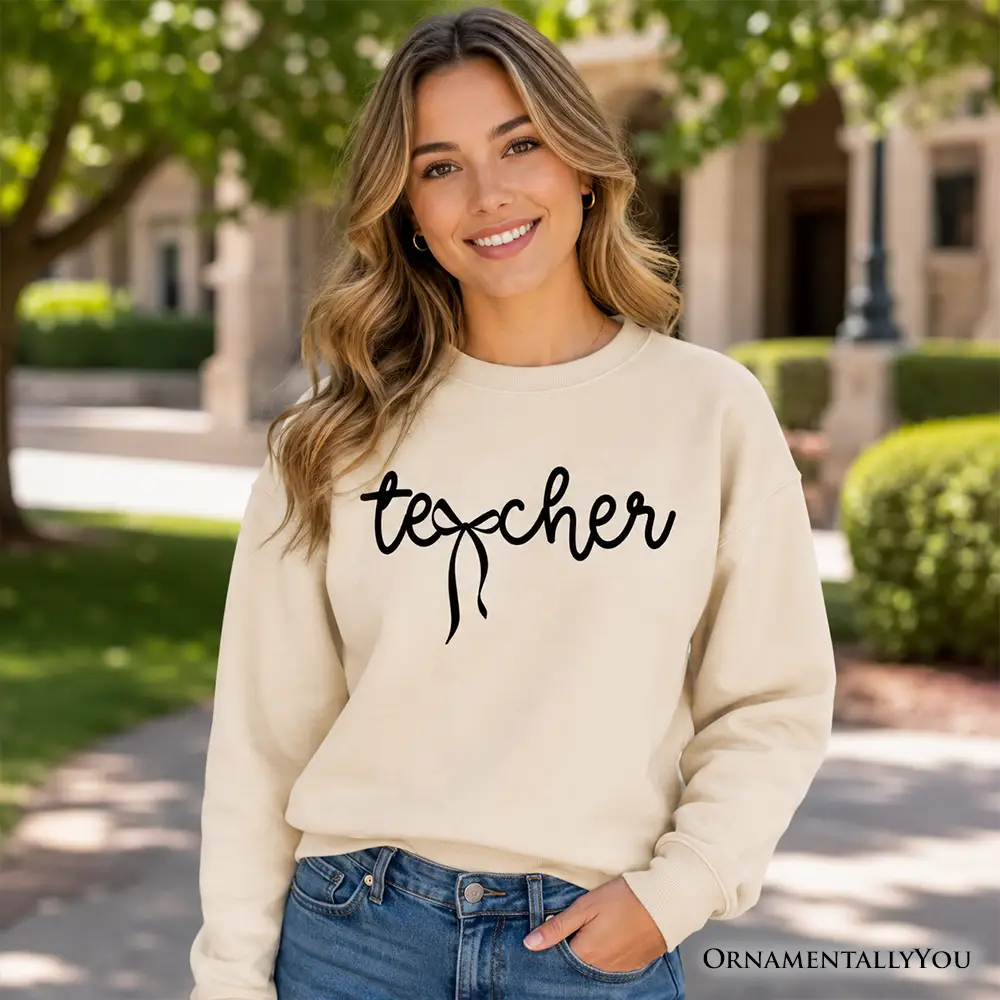 Teacher Coquette Bow Sweatshirt beige with black script logo OrnamentallyYou on Tampa Home & Garden Store
