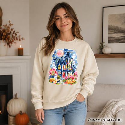 Watercolor Haunted House Sweatshirt beige crewneck with colorful print OrnamentallyYou on Tampa Home & Garden Store