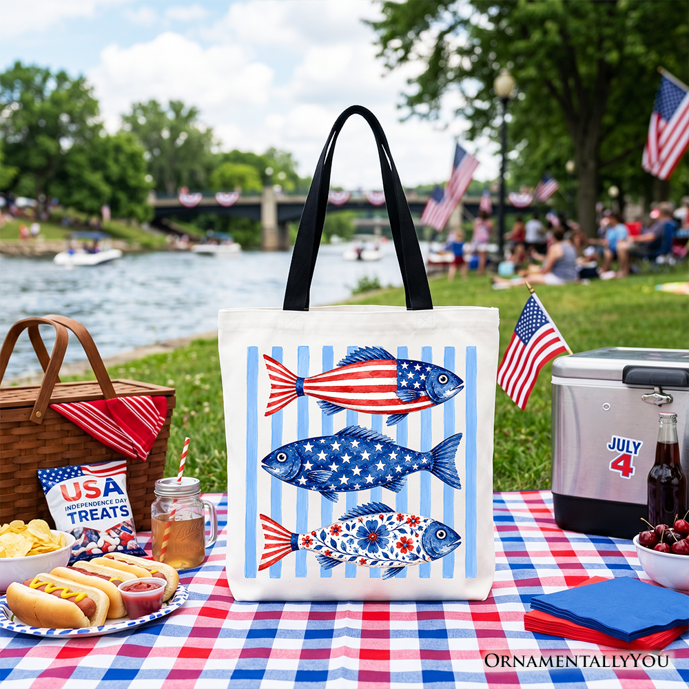 Patriotic Fish Striped Tote Bag for the Beach