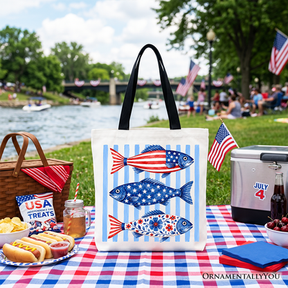 Patriotic Fish Striped Tote Bag for the Beach