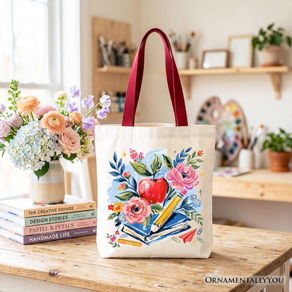 the Boho Floral Teacher Watercolor Canvas Tote