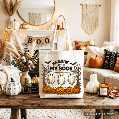 Boho Canvas Ghost Tote Bag and Fall Pumpkin Gift