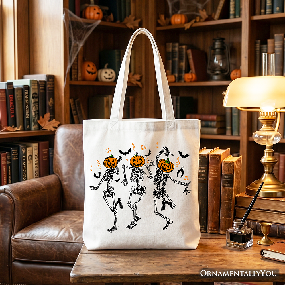 Whimsical Halloween Dancing Skeleton Canvas Tote
