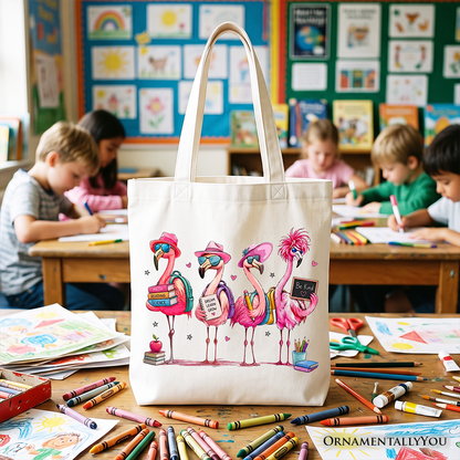 Cute Flamingo Back to School Canvas Tote Bag