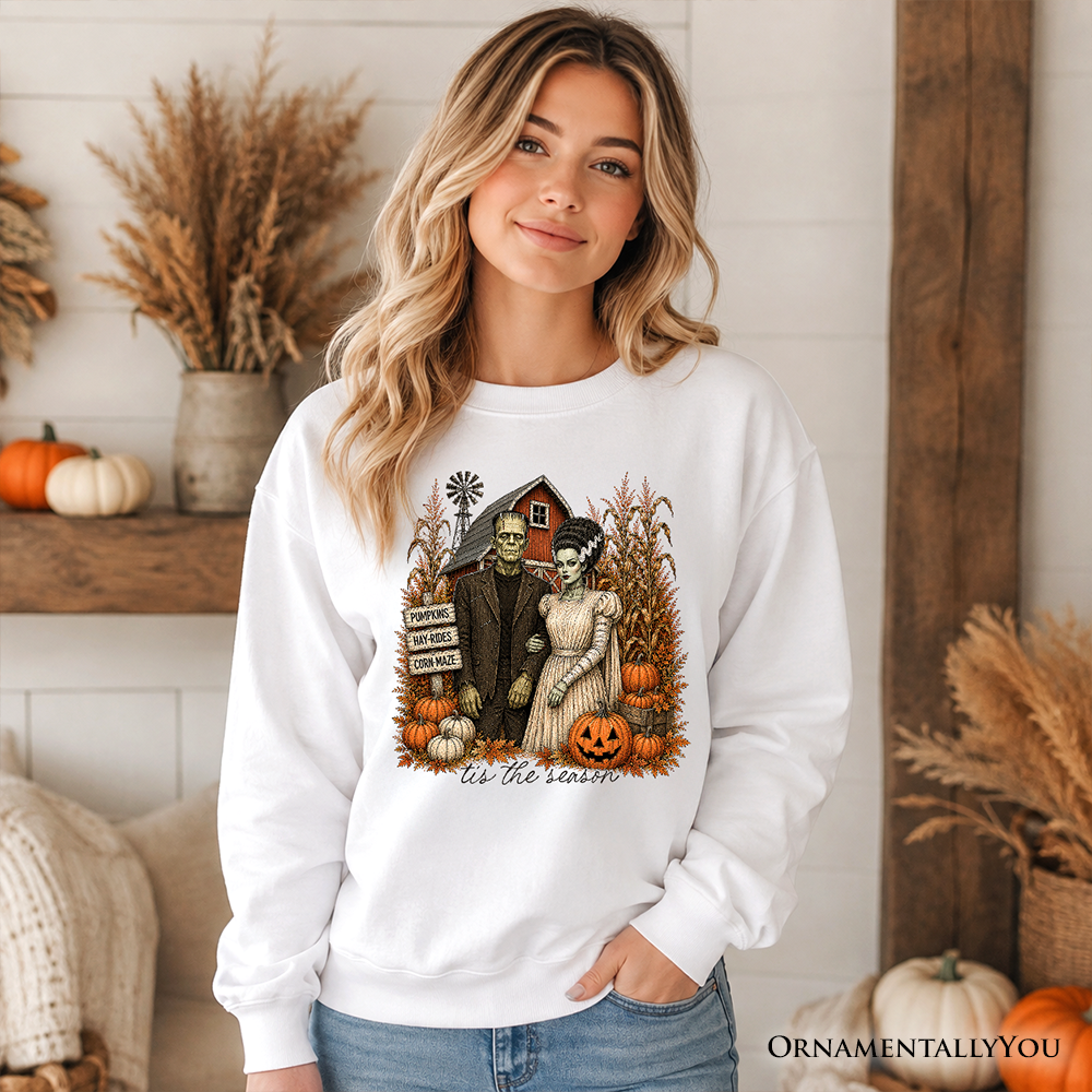 Frankenstein Couple Pumpkin Patch Sweatshirt with Halloween art in white by OrnamentallyYou on Tampa Home & Garden Store