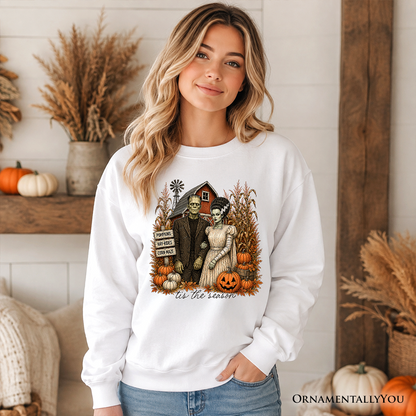 Frankenstein Couple Pumpkin Patch Sweatshirt with Halloween art in white by OrnamentallyYou on Tampa Home & Garden Store