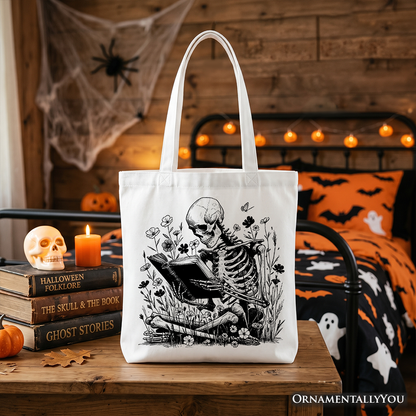 Gothic Reading Skeleton Canvas Floral Tote Bag
