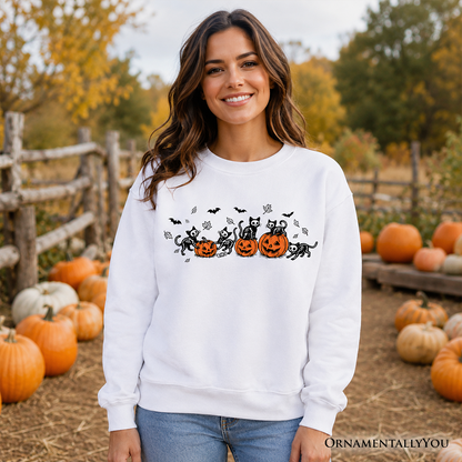 White Skeleton Cats and Pumpkins Sweatshirt by OrnamentallyYou Halloween pumpkin graphic on Tampa Home & Garden Store