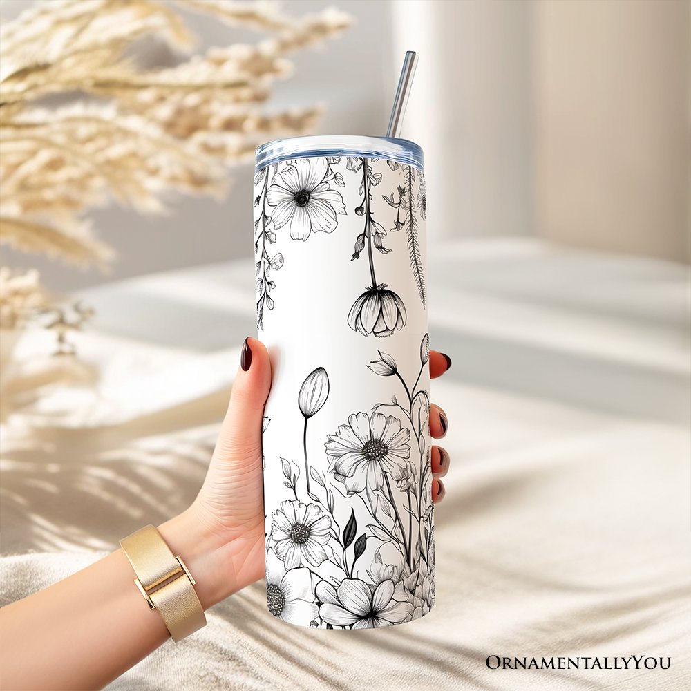 Gobelet isotherme à motif fleurs sauvages blanches et noires avec couvercle et paille en acier inoxydable, un magnifique cadeau de voyage printanier