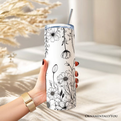 Gobelet isotherme à motif fleurs sauvages blanches et noires avec couvercle et paille en acier inoxydable, un magnifique cadeau de voyage printanier