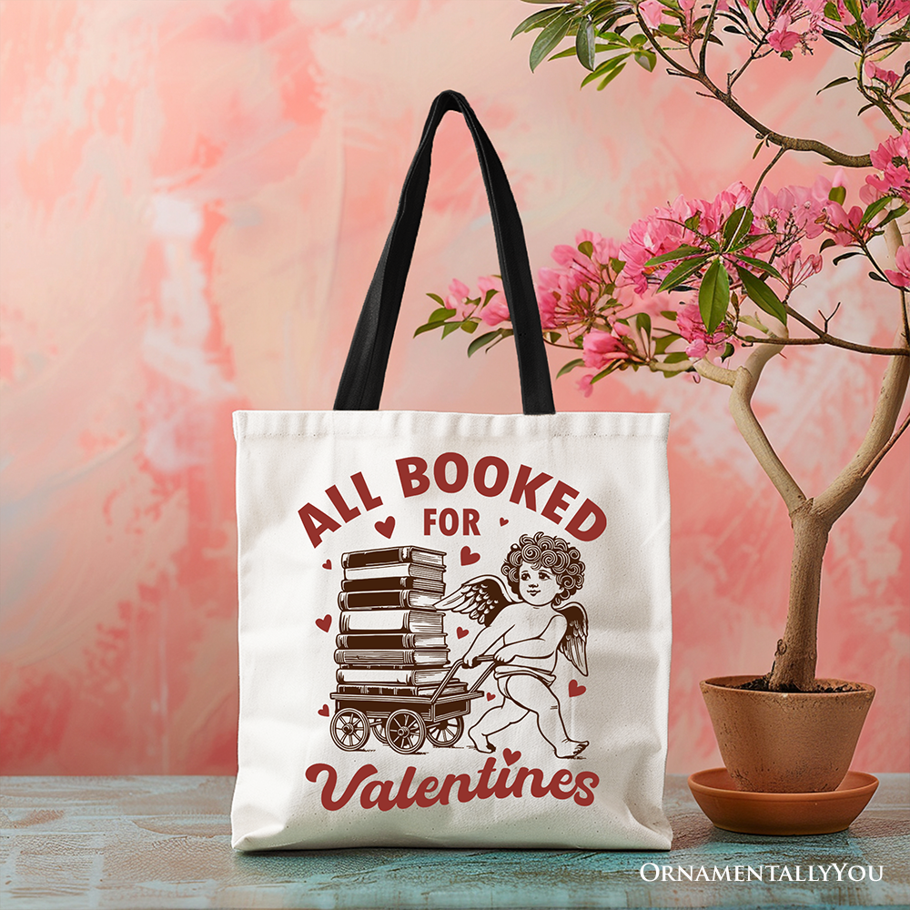 All Booked For Valentines Cupid Canvas Tote Bag, Vintage Funny Bookworm Gift