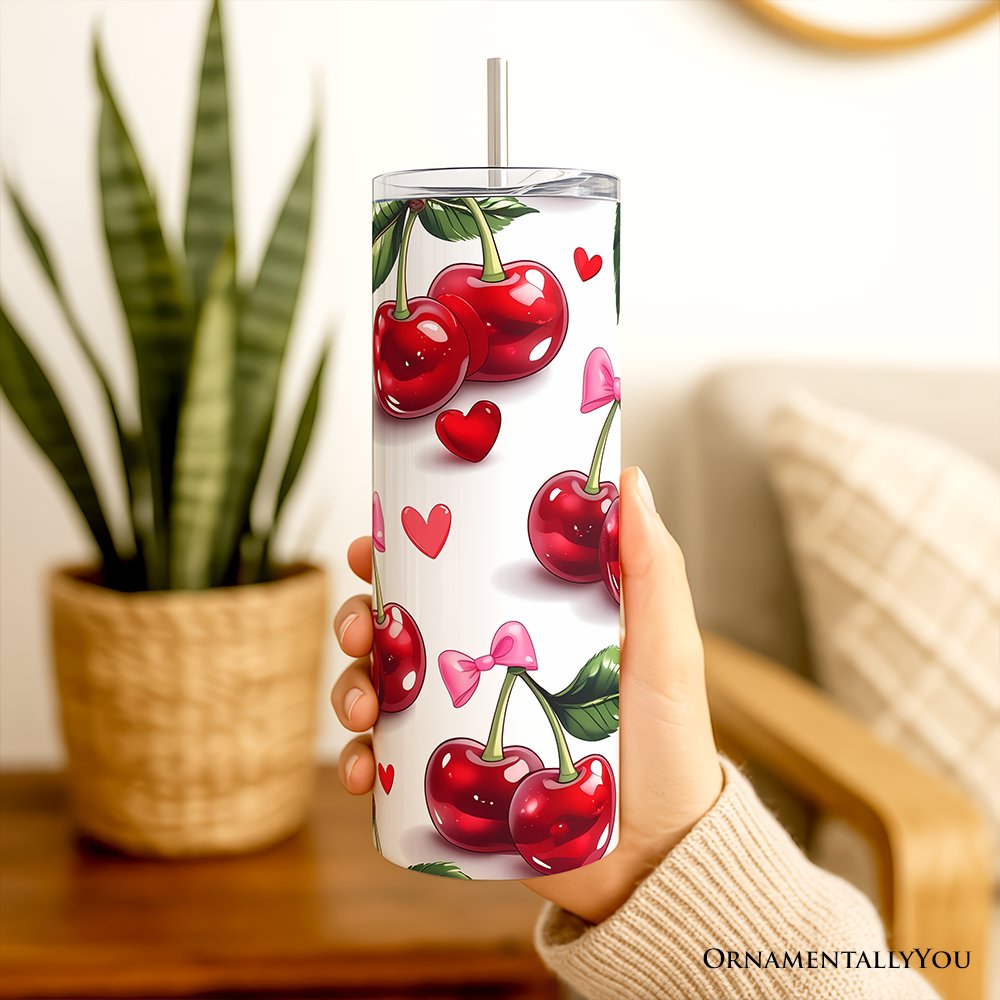 Gobelet isotherme personnalisé de 590 ml (20 oz) avec couvercle et paille en acier inoxydable, motif nœud cerise, cadeau idéal pour la Saint-Valentin.