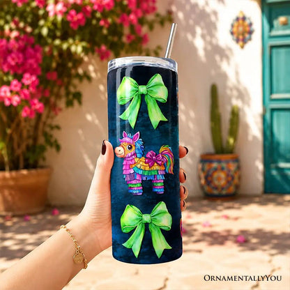 Tumbler 20oz by OrnamentallyYou with lid and stainless straw, rainbow llama and green bows on Tampa Home & Garden Store
