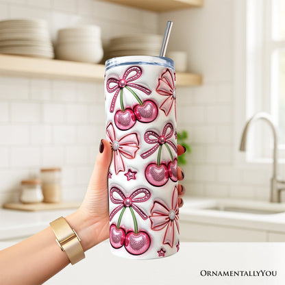 Gobelet gonflable 3D Coquette Cherry Bows avec couvercle et paille en acier inoxydable, cadeau idéal pour vos voyages printaniers à motif floral.