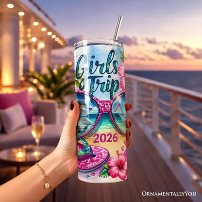 Tumbler 20oz with Girls Trip 2026 tropical design, lid and stainless straw OrnamentallyYou on Tampa Home & Garden Store